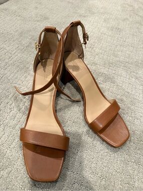 Lauren Ralph Lauren Brown Leather Block Heel Sandals with Ankle Strap